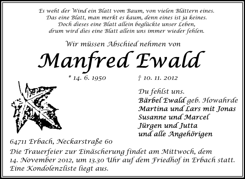  Traueranzeige für Manfred Ewald vom 13.11.2012 aus Odenwälder Echo