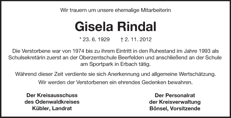  Traueranzeige für Gisela Rindal vom 14.11.2012 aus Odenwälder Echo
