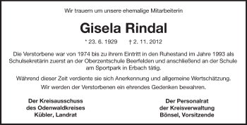 Traueranzeige von Gisela Rindal von Odenwälder Echo