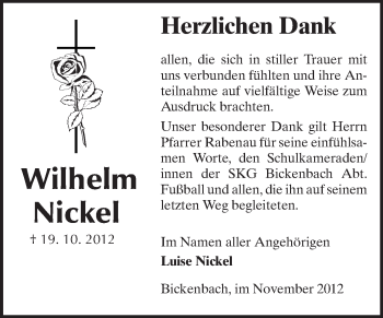 Traueranzeige von Wilhelm Nickel von Echo-Zeitungen (Gesamtausgabe)