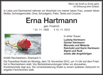 Traueranzeige von Erna Hartmann von Echo-Zeitungen (Gesamtausgabe)