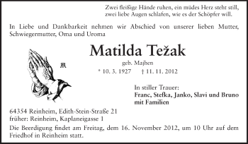 Traueranzeige von Matilda Tezak von Darmstädter Echo, Odenwälder Echo, Rüsselsheimer Echo, Groß-Gerauer-Echo, Ried Echo