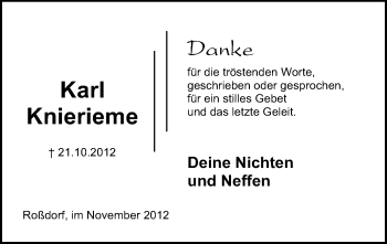Traueranzeige von Karl Knierieme von Darmstädter Echo, Odenwälder Echo, Rüsselsheimer Echo, Groß-Gerauer-Echo, Ried Echo