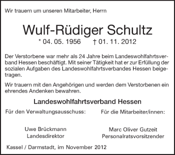 Traueranzeige von Wulf-Rüdiger Schultz von Echo-Zeitungen (Gesamtausgabe)