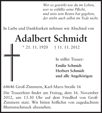 Traueranzeige von Adalbert Schmidt von Echo-Zeitungen (Gesamtausgabe)