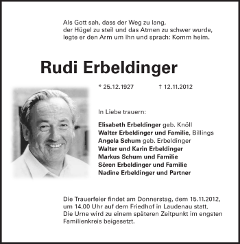 Traueranzeige von Rudi Erbeldinger von Echo-Zeitungen (Gesamtausgabe)