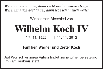 Traueranzeige von Wilhelm Koch von Odenwälder Echo