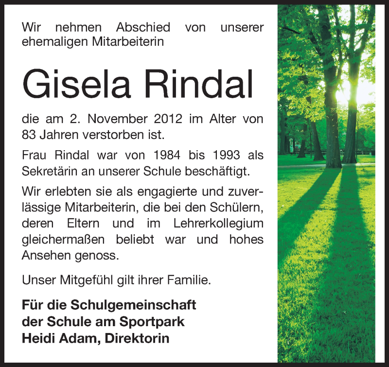  Traueranzeige für Gisela Rindal vom 14.11.2012 aus Darmstädter Echo