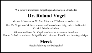 Traueranzeige von Roland Vogel von Echo-Zeitungen (Gesamtausgabe)