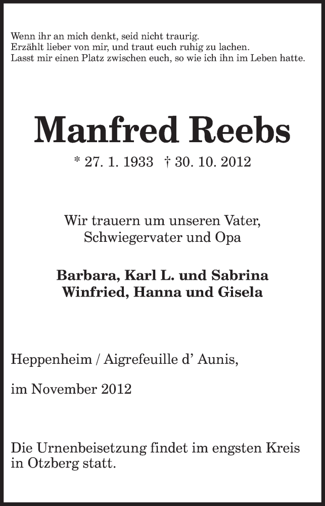  Traueranzeige für Manfred Reebs vom 14.11.2012 aus Echo-Zeitungen (Gesamtausgabe)