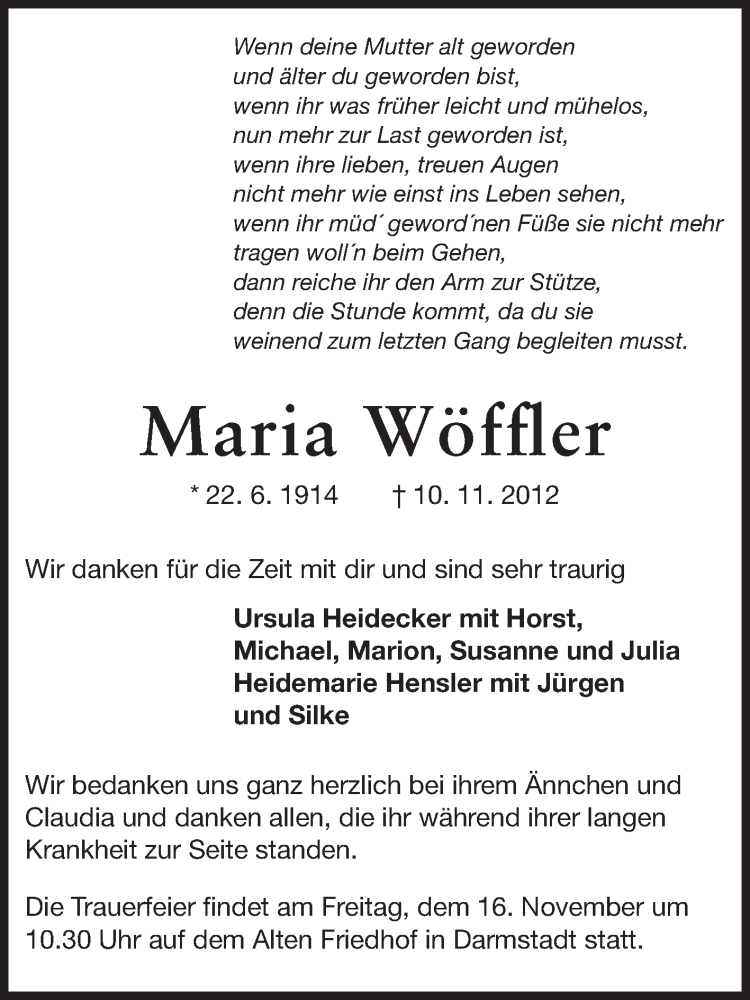  Traueranzeige für Maria Wöffler vom 14.11.2012 aus Darmstädter Echo, Odenwälder Echo, Rüsselsheimer Echo, Groß-Gerauer-Echo, Ried Echo