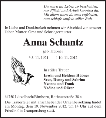 Traueranzeige von Anna Schantz von Odenwälder Echo
