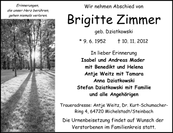 Traueranzeige von Brigitte Zimmer von Odenwälder Echo