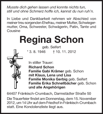 Traueranzeige von Regina Schon von Echo-Zeitungen (Gesamtausgabe)