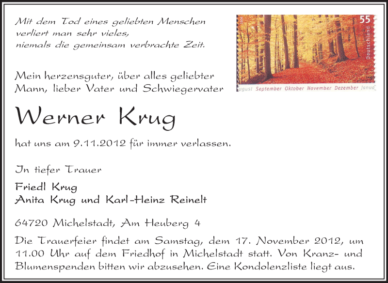  Traueranzeige für Werner Krug vom 14.11.2012 aus Odenwälder Echo