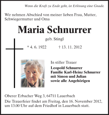 Traueranzeige von Maria Schnurrer von Odenwälder Echo