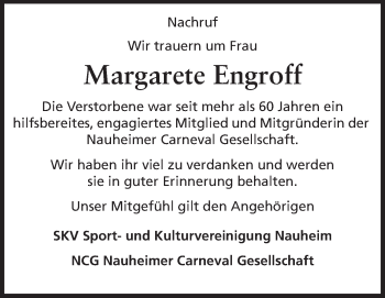 Traueranzeige von Margarete Engroff von Rüsselsheimer Echo, Groß-Gerauer-Echo, Ried Echo