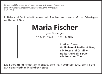 Traueranzeige von Maria Fischer von Odenwälder Echo