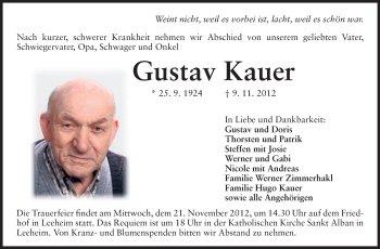 Traueranzeige von Gustav Kauer von Rüsselsheimer Echo, Groß-Gerauer-Echo, Ried Echo