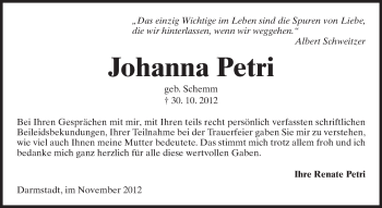 Traueranzeige von Johanna Petri von Echo-Zeitungen (Gesamtausgabe)
