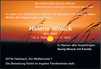 Traueranzeige von Helene Wnuck von Odenwälder Echo