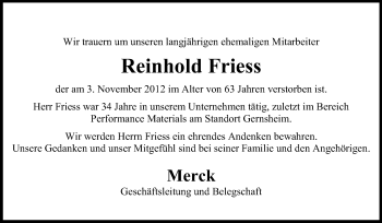 Traueranzeige von Reinhold Friess von Echo-Zeitungen (Gesamtausgabe)