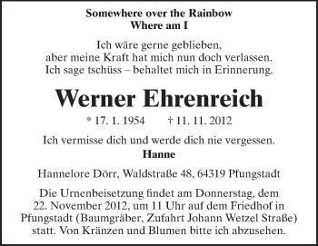 Traueranzeige von Werner Ehrenreich von Echo-Zeitungen (Gesamtausgabe)