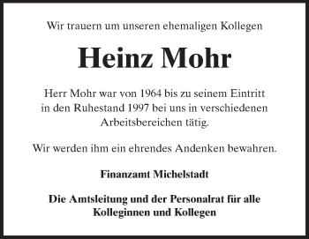 Traueranzeige von Heinz Mohr von Odenwälder Echo