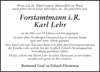 Traueranzeige von Karl Lehr von Odenwälder Echo
