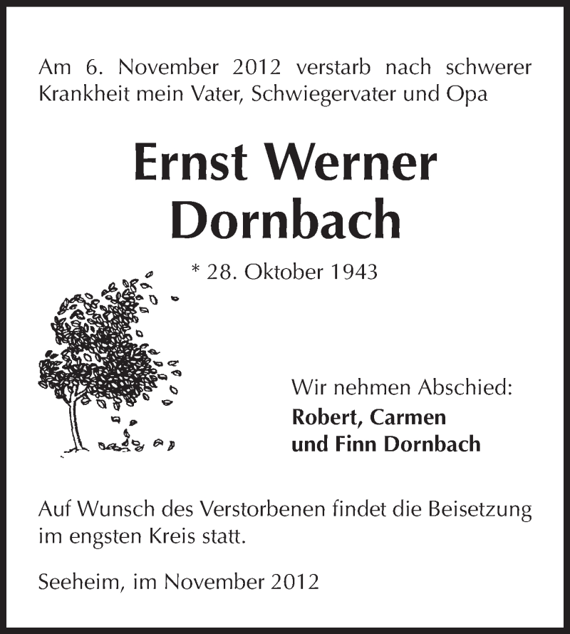  Traueranzeige für Ernst Werner Dornbach vom 17.11.2012 aus Echo-Zeitungen (Gesamtausgabe)
