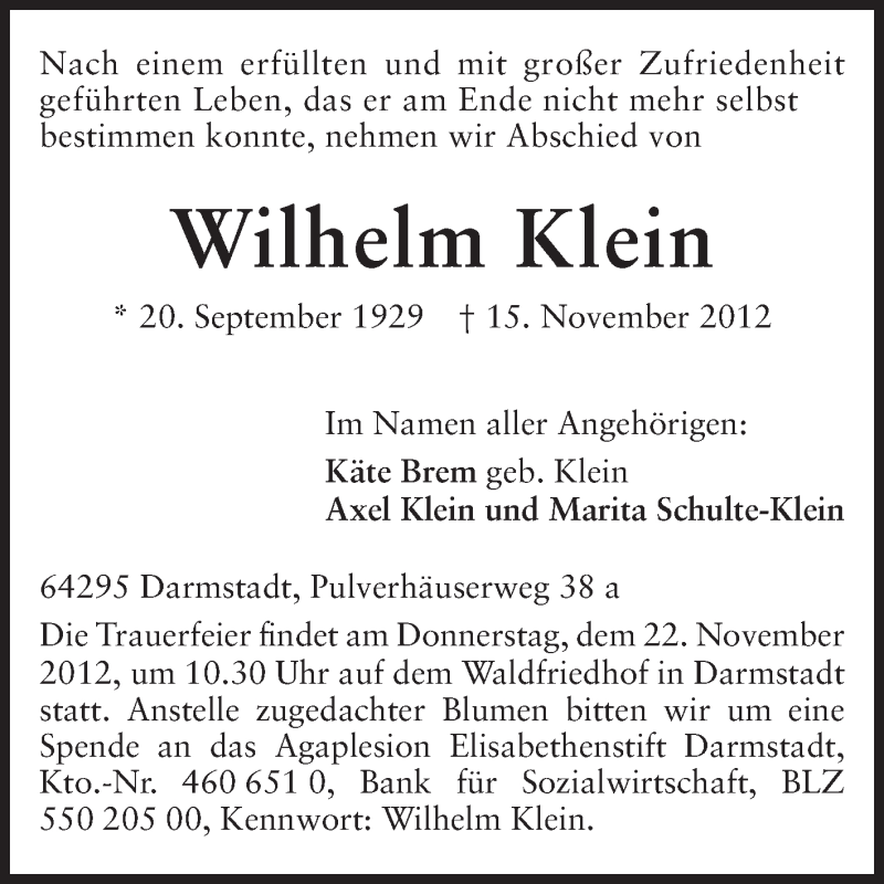  Traueranzeige für Wilhelm Klein vom 17.11.2012 aus Echo-Zeitungen (Gesamtausgabe)
