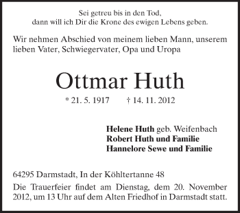 Traueranzeige von Ottmar Huth von Echo-Zeitungen (Gesamtausgabe)