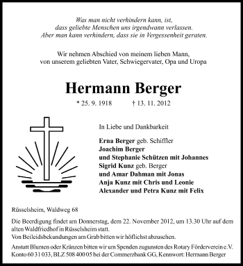 Traueranzeige von Hermann Berger von Odenwälder Echo