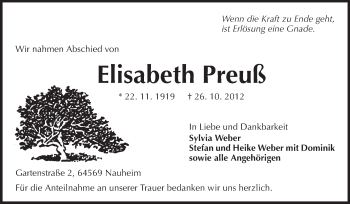 Traueranzeige von Elisabeth Preuß von Rüsselsheimer Echo, Groß-Gerauer-Echo, Ried Echo
