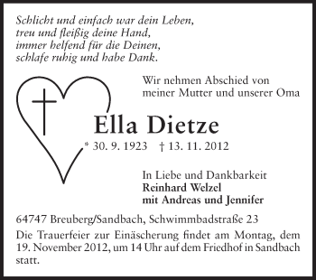 Traueranzeige von Ella Dietze von Odenwälder Echo