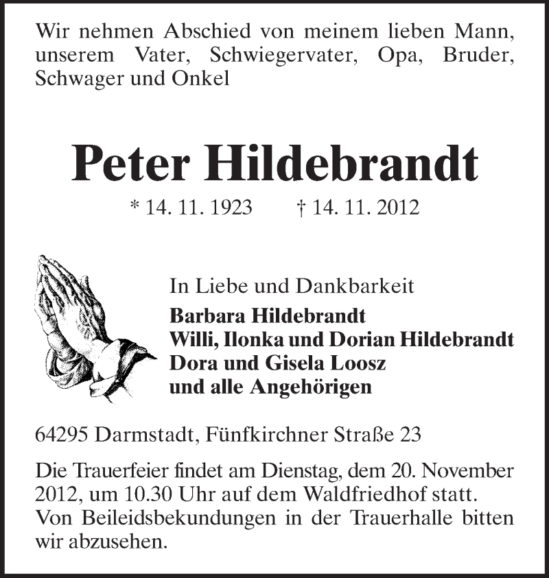  Traueranzeige für Peter Huthmann vom 16.11.2012 aus Echo-Zeitungen (Gesamtausgabe)