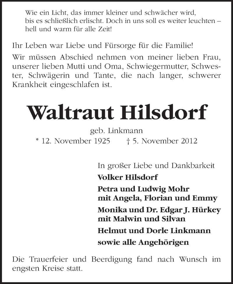  Traueranzeige für Waldtraut Hilsdorf vom 17.11.2012 aus Echo-Zeitungen (Gesamtausgabe)