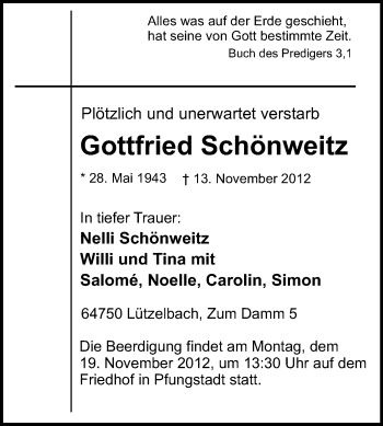 Traueranzeige von Gottfried Schönweitz von Odenwälder Echo