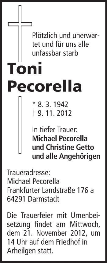 Traueranzeige von Toni Pecorella von Rüsselsheimer Echo, Groß-Gerauer-Echo, Ried Echo
