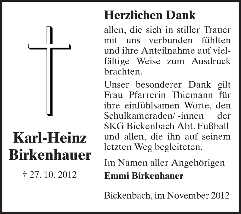  Traueranzeige für Karl-Heinz Birkenhauer vom 17.11.2012 aus Echo-Zeitungen (Gesamtausgabe)