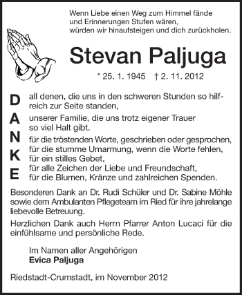 Traueranzeige von Stevan Paljuga von Echo-Zeitungen (Gesamtausgabe)