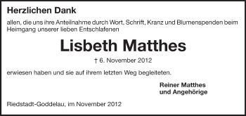 Traueranzeige von Lisbeth Matthes von Rüsselsheimer Echo, Groß-Gerauer-Echo, Ried Echo