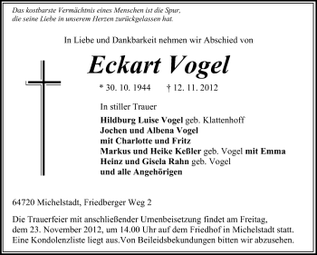 Traueranzeige von Eckhart Vogel von Odenwälder Echo