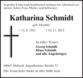 Traueranzeige von Katharina Schmidt von Echo-Zeitungen (Gesamtausgabe)