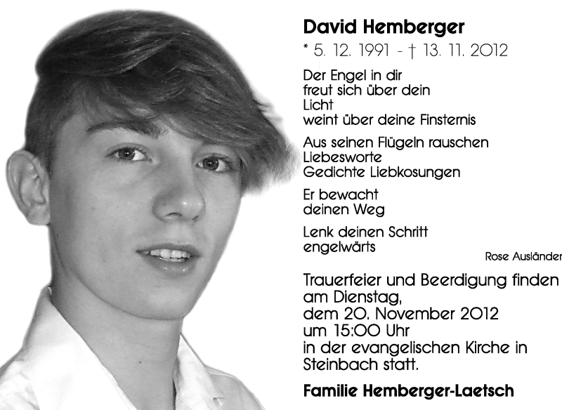 Traueranzeige für David Hemberger vom 17.11.2012 aus Odenwälder Echo