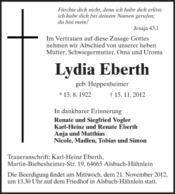 Traueranzeige von Lydia Eberth von Echo-Zeitungen (Gesamtausgabe)