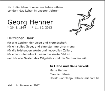 Traueranzeige von Georg Hehner von Rüsselsheimer Echo, Groß-Gerauer-Echo, Ried Echo