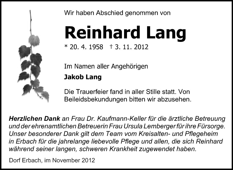  Traueranzeige für Reinhard Lang vom 17.11.2012 aus Odenwälder Echo