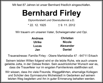 Traueranzeige von Bernhard Firley von Odenwälder Echo