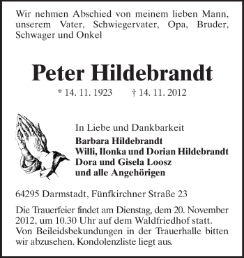 Traueranzeige von Peter Hildebrandt von Echo-Zeitungen (Gesamtausgabe)